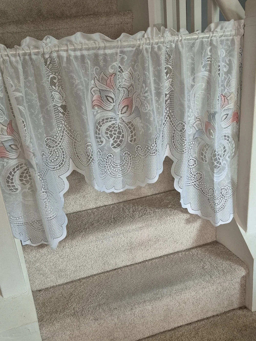 Sheer Lace Swag Curtain Valance with Pink Floral Accents 58x30